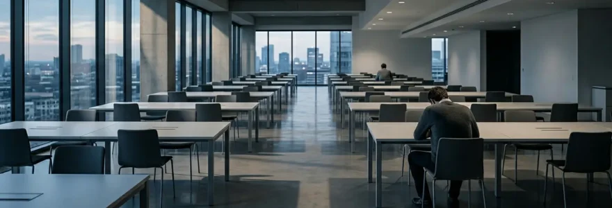 Apprenant isolé devant un écran d'ordinateur dans un environnement de bureau moderne
