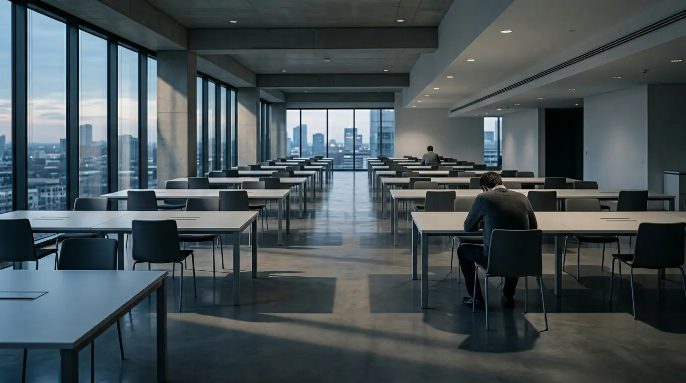 Apprenant isolé devant un écran d'ordinateur dans un environnement de bureau moderne