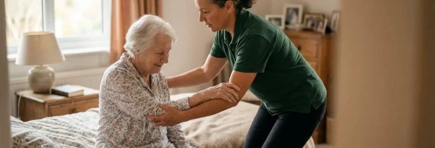 Un aidant familial accompagne avec bienveillance une personne âgée pour se lever du lit, dans un intérieur chaleureux et lumineux