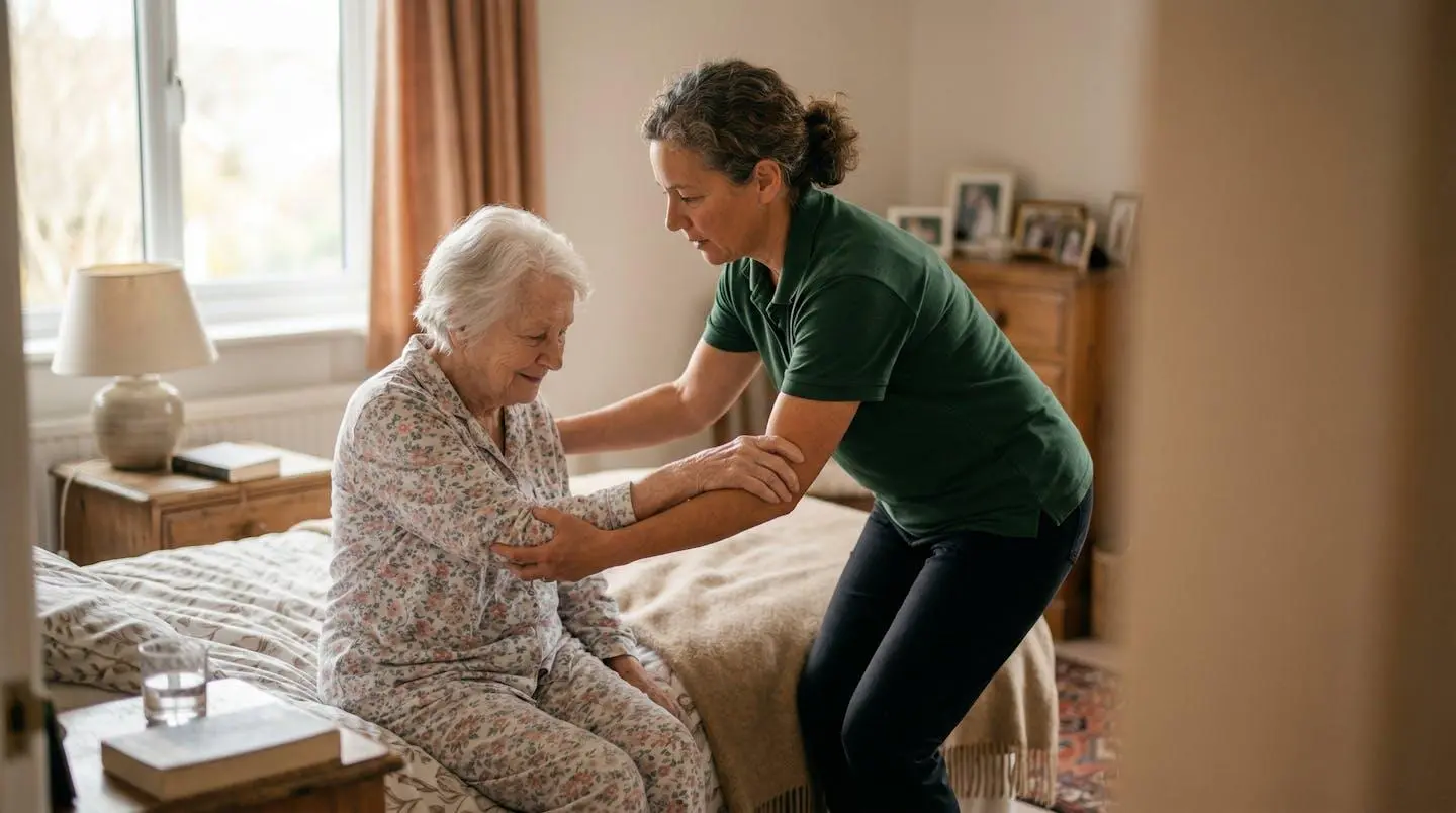 Un aidant familial accompagne avec bienveillance une personne âgée pour se lever du lit, dans un intérieur chaleureux et lumineux