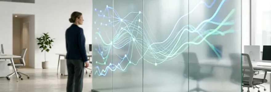 Professionnels RH analysant des données prédictives sur écran transparent avec visualisations graphiques en arrière-plan