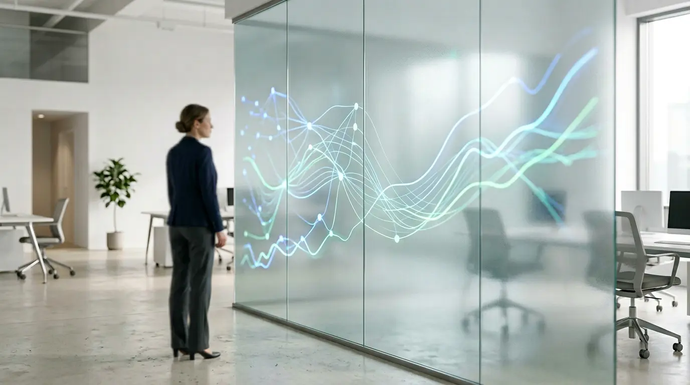 Professionnels RH analysant des données prédictives sur écran transparent avec visualisations graphiques en arrière-plan