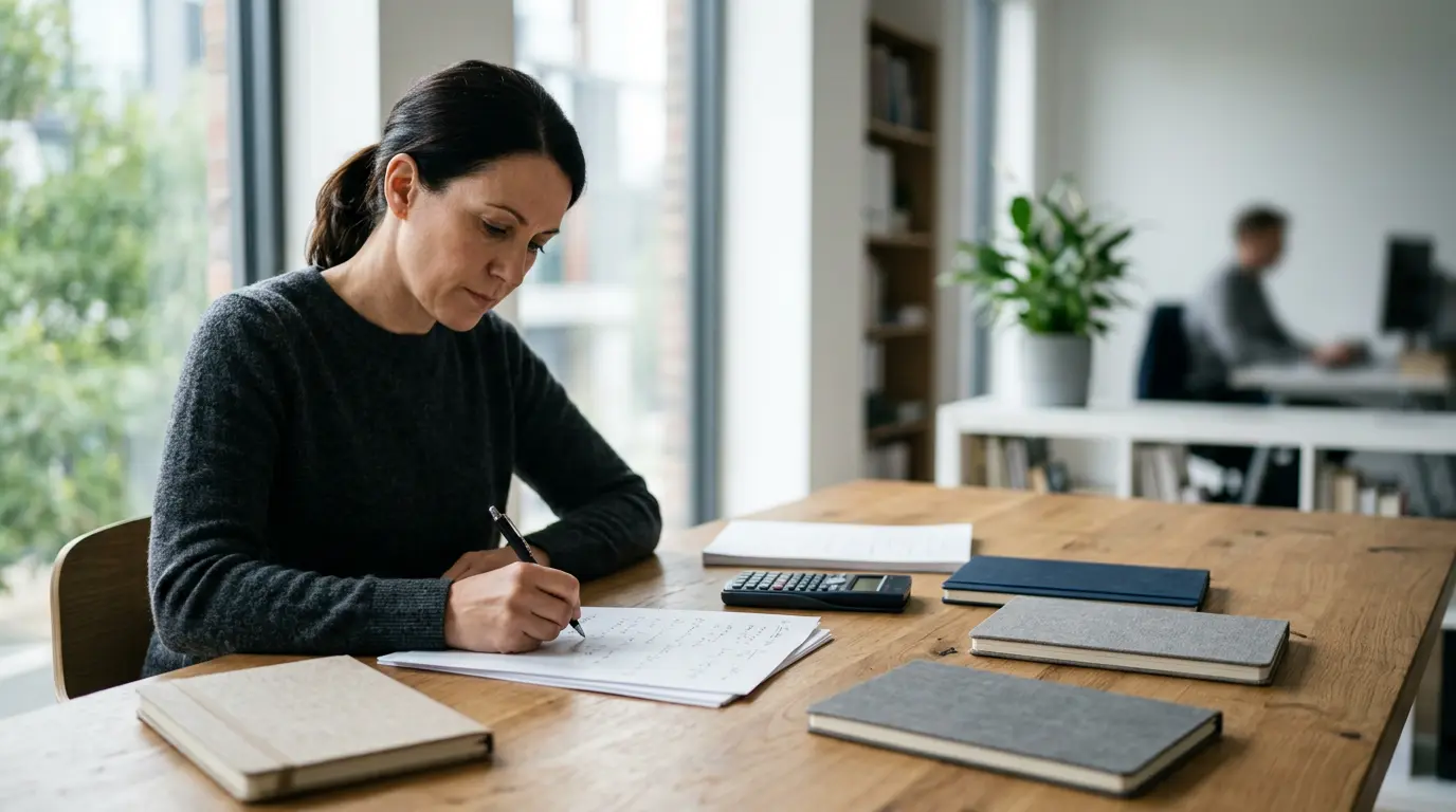 Adulte concentré travaillant sur des exercices d'écriture et de calcul dans un environnement professionnel moderne