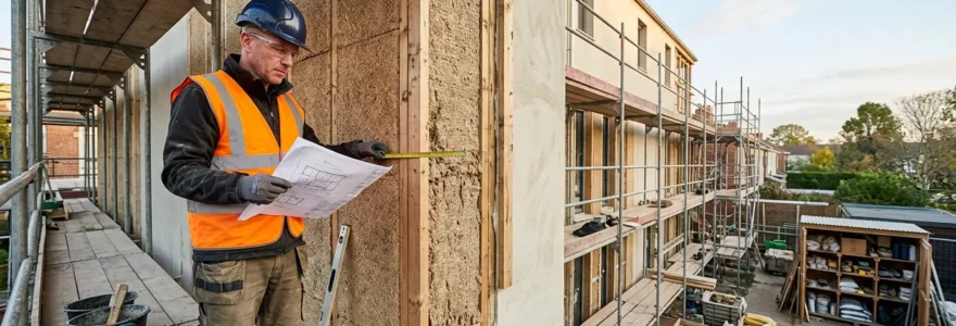 Artisan du BTP sur un chantier de rénovation énergétique avec matériaux biosourcés et équipements performants