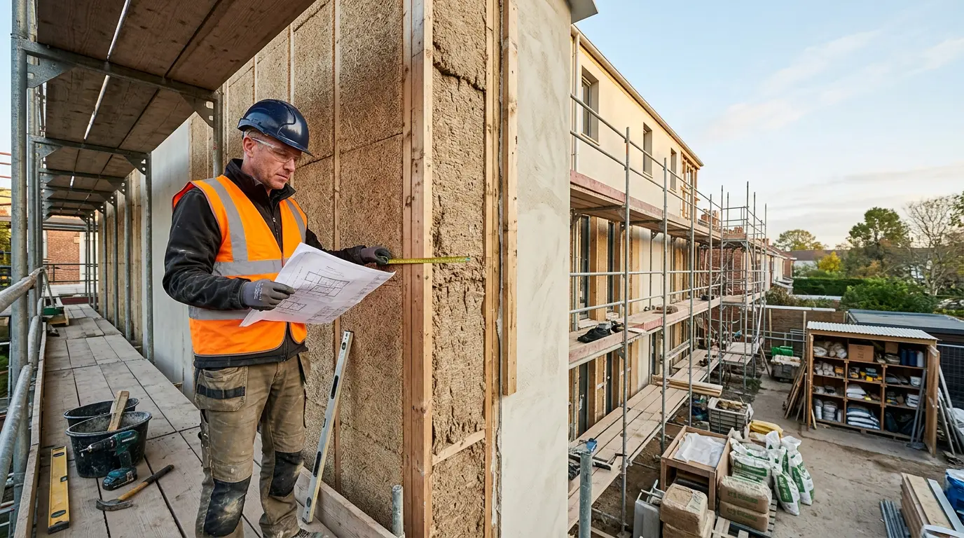 Artisan du BTP sur un chantier de rénovation énergétique avec matériaux biosourcés et équipements performants