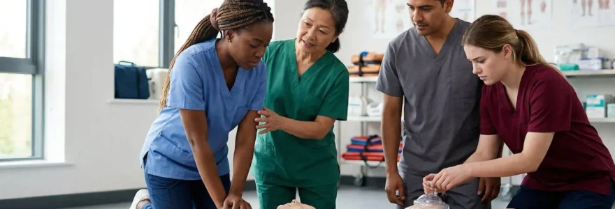 Formation aux gestes de premiers secours pour auxiliaires de vie avec mannequin de simulation et équipement médical
