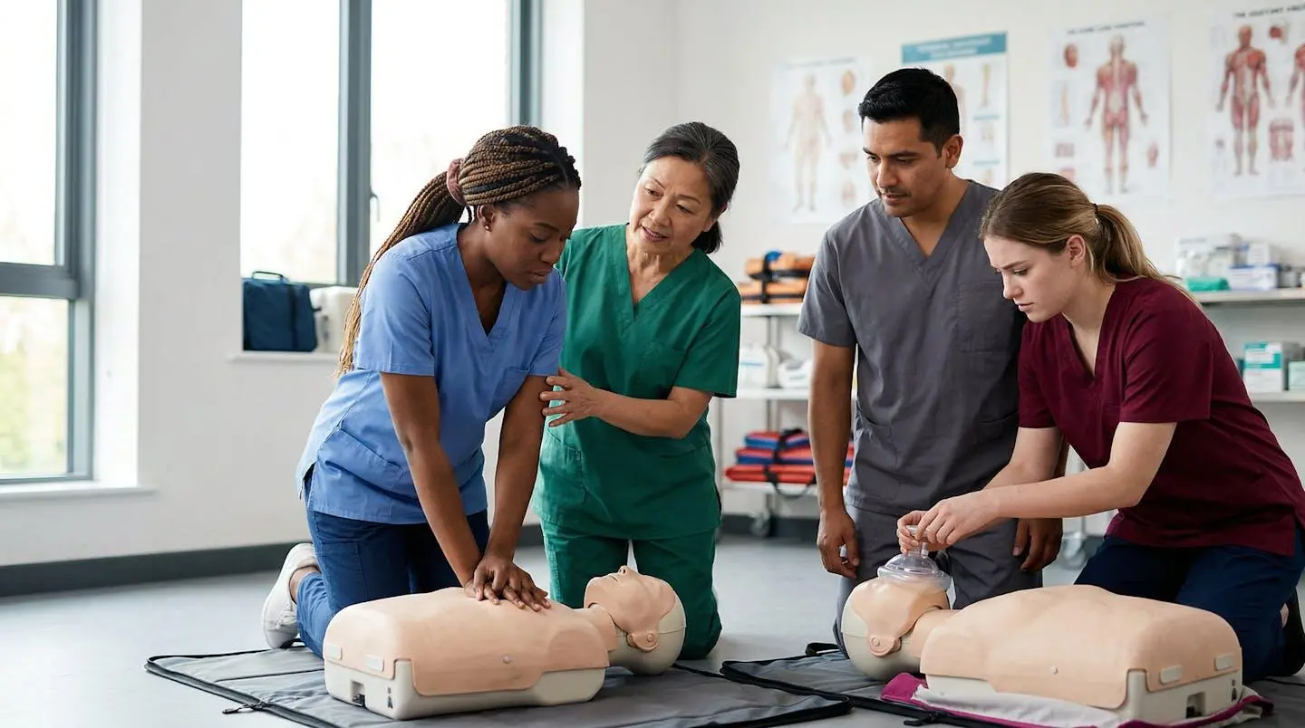 Formation aux gestes de premiers secours pour auxiliaires de vie avec mannequin de simulation et équipement médical