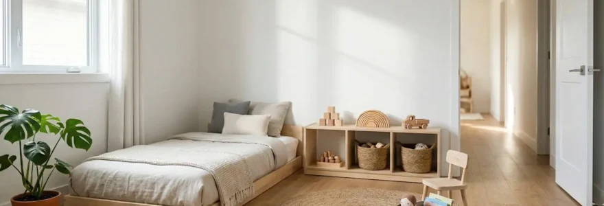 Chambre Montessori épurée avec lit au sol et étagères basses accessibles à l'enfant