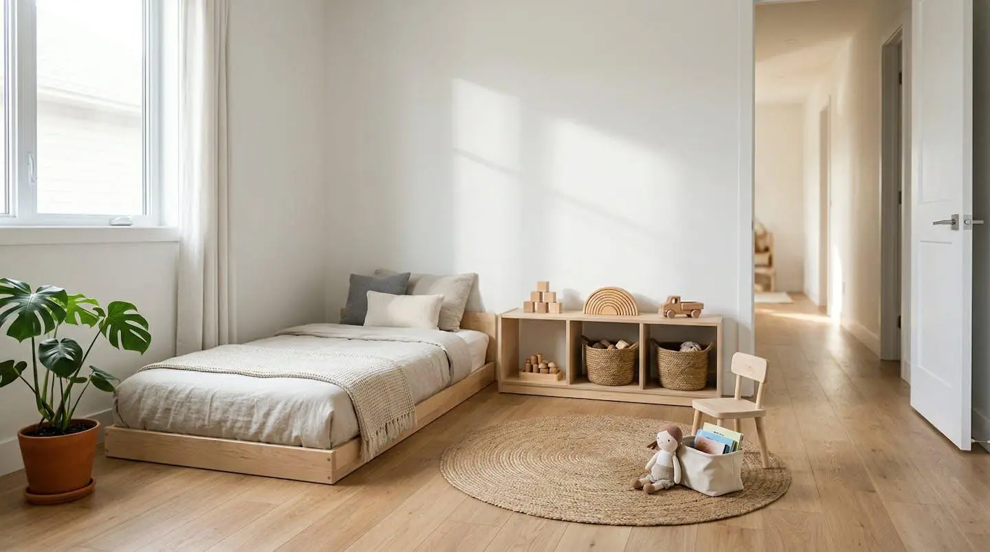 Chambre Montessori épurée avec lit au sol et étagères basses accessibles à l'enfant