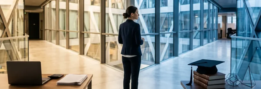 Jeune diplômé face à deux chemins lumineux représentant le choix entre titre RNCP et diplôme universitaire