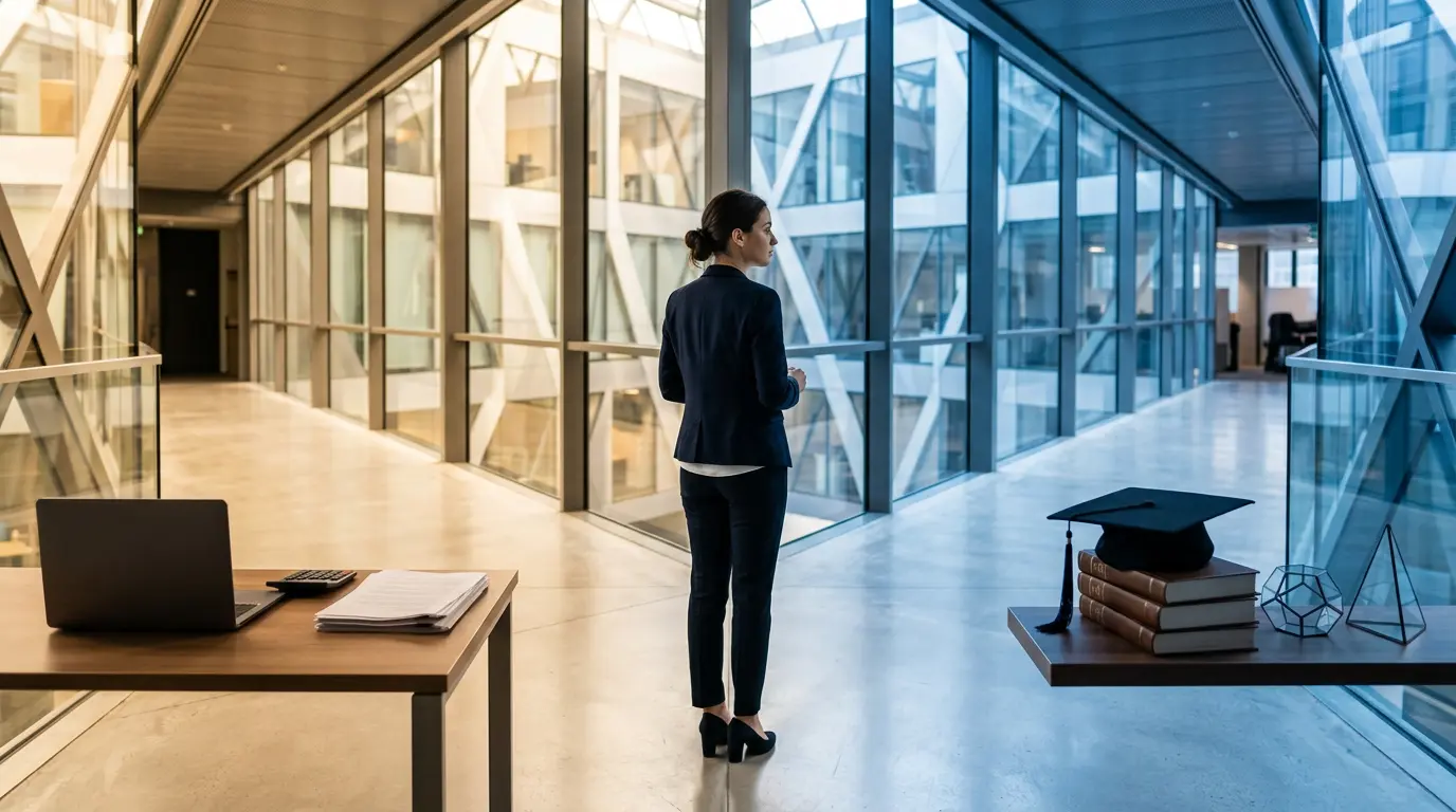 Jeune diplômé face à deux chemins lumineux représentant le choix entre titre RNCP et diplôme universitaire