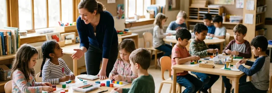Enseignante accompagnant des groupes d'élèves divers dans une classe lumineuse