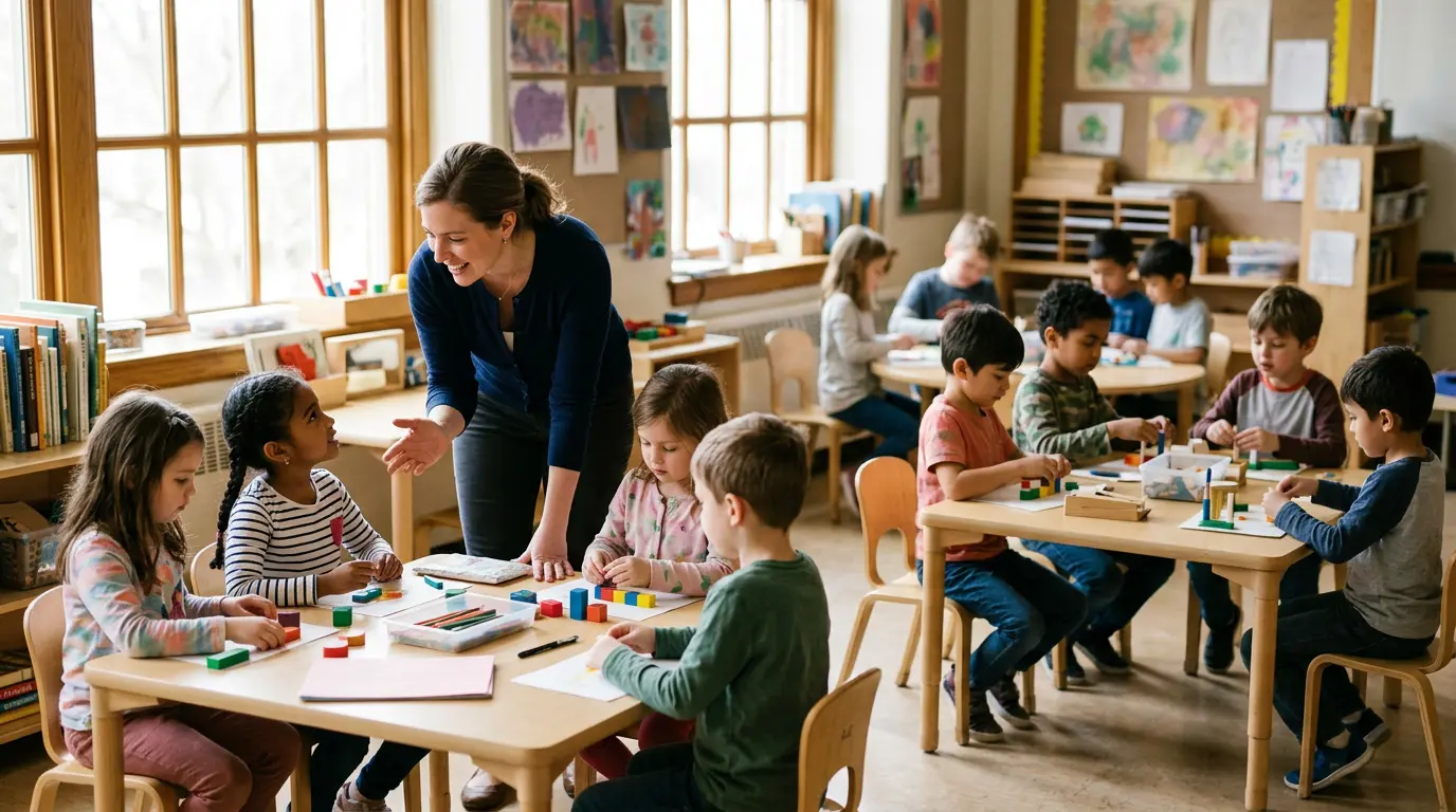 Enseignante accompagnant des groupes d'élèves divers dans une classe lumineuse