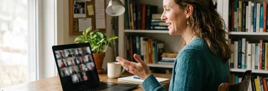 Enseignant organisant une classe virtuelle depuis son bureau à domicile avec plusieurs fenêtres d'élèves sur l'écran