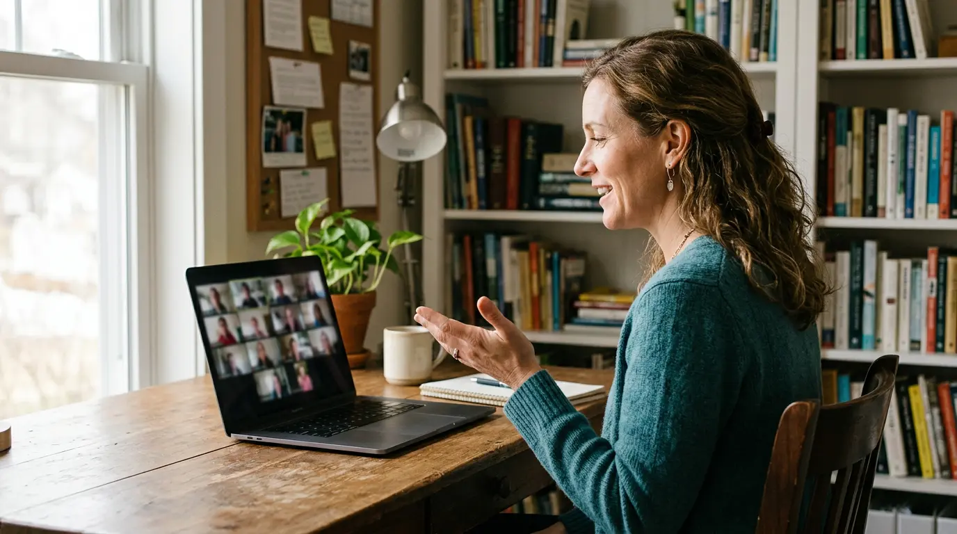 Enseignant organisant une classe virtuelle depuis son bureau à domicile avec plusieurs fenêtres d'élèves sur l'écran