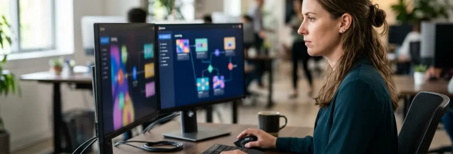 Concepteur pédagogique travaillant sur deux écrans montrant des interfaces de création de modules e-learning avec des éléments interactifs