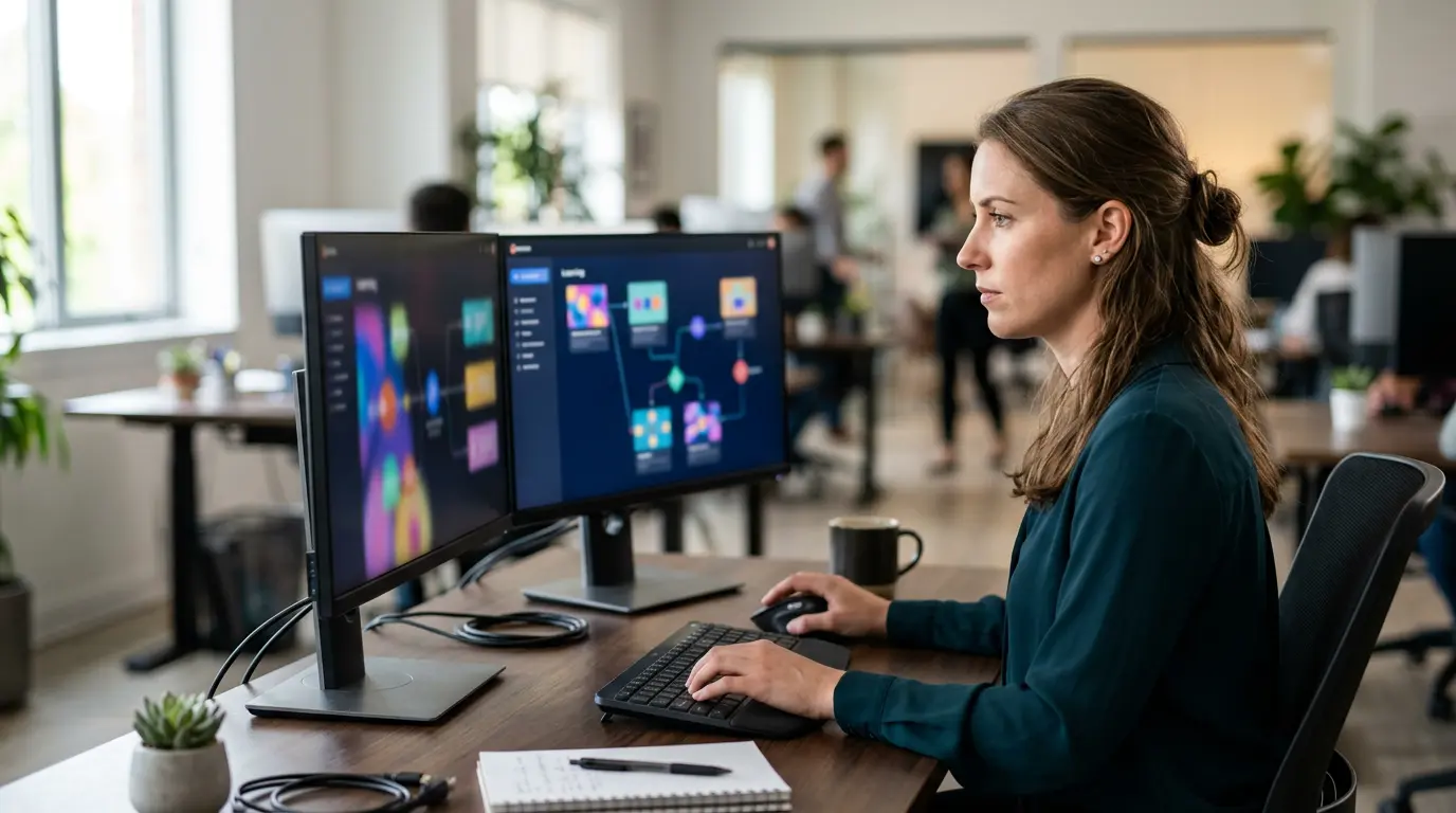 Concepteur pédagogique travaillant sur deux écrans montrant des interfaces de création de modules e-learning avec des éléments interactifs