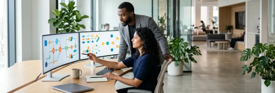 Professionnels analysant des interfaces d'outils de formation sur plusieurs écrans dans un bureau moderne