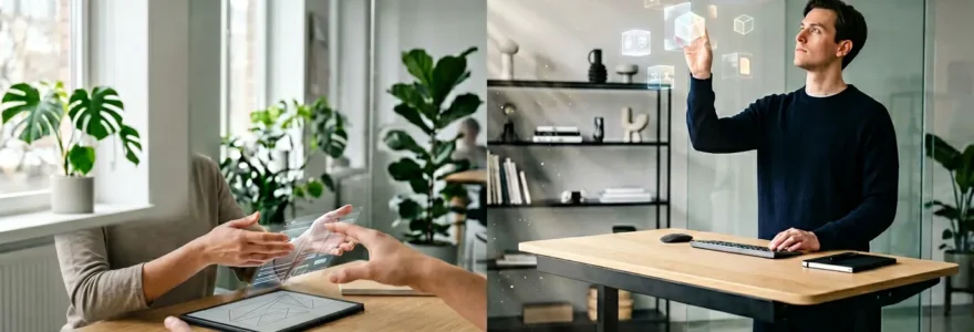 Comparaison visuelle entre deux plateformes de création e-learning dans un environnement professionnel moderne