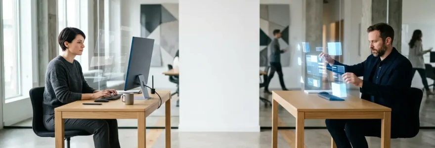 Comparaison visuelle entre deux environnements de création e-learning avec des professionnels analysant des interfaces