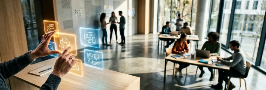 Concepteur pédagogique créant un parcours de formation hybride sur tableau interactif