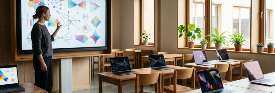 Classe virtuelle avec enseignant devant tableau interactif et élèves sur écrans, représentant la continuité pédagogique