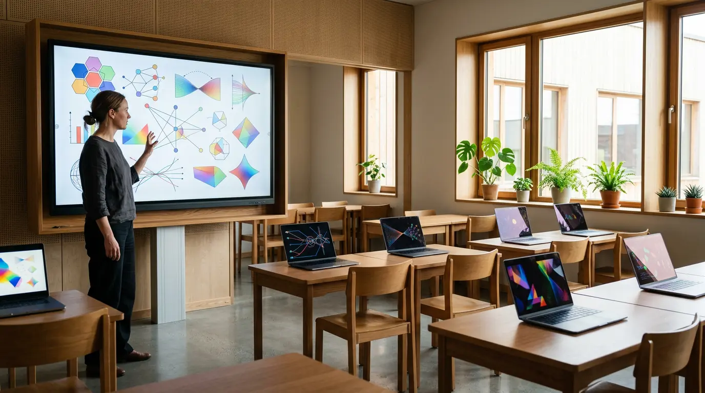 Classe virtuelle avec enseignant devant tableau interactif et élèves sur écrans, représentant la continuité pédagogique