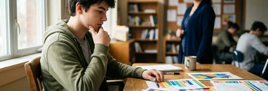 Élève en train de réfléchir sur ses compétences et sa progression avec des outils d'évaluation