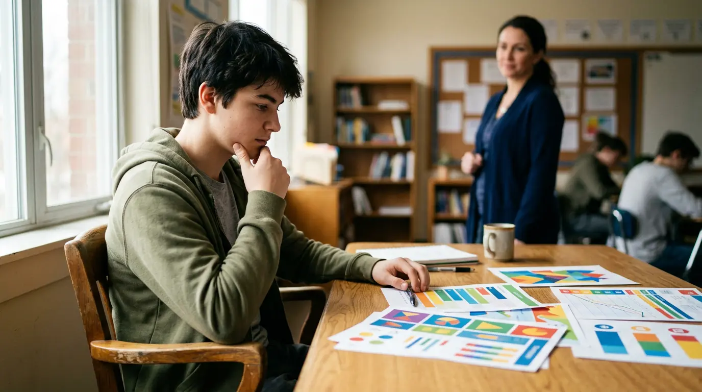 Élève en train de réfléchir sur ses compétences et sa progression avec des outils d'évaluation