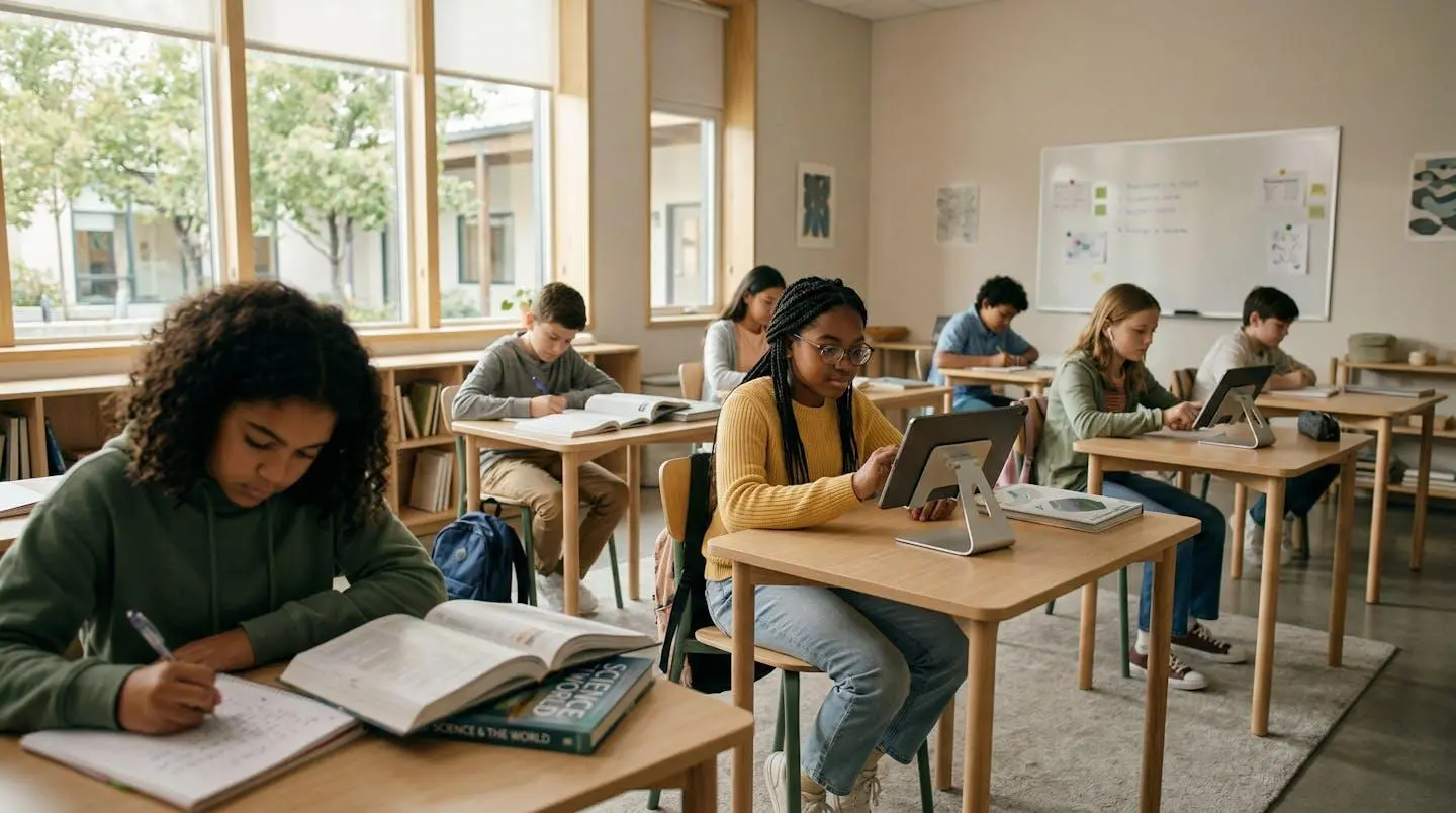 Collégiens travaillant avec différents supports pédagogiques en classe