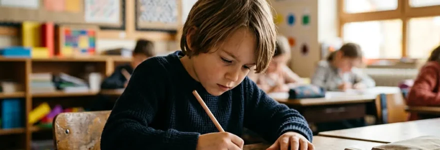 Enfant concentré travaillant en classe avec un environnement d'apprentissage calme