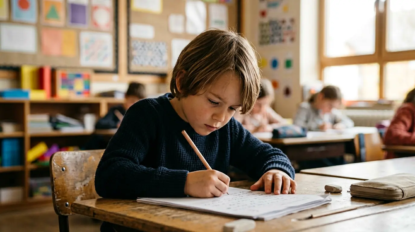 Enfant concentré travaillant en classe avec un environnement d'apprentissage calme