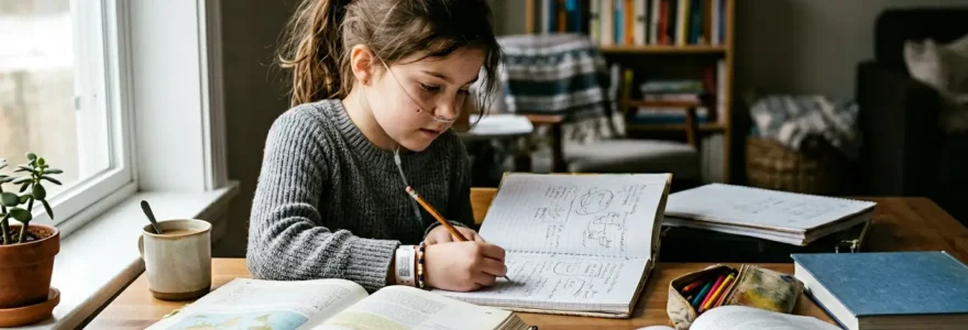 Enfant malade étudiant à domicile avec accompagnement pédagogique, maintenant le lien avec sa scolarité