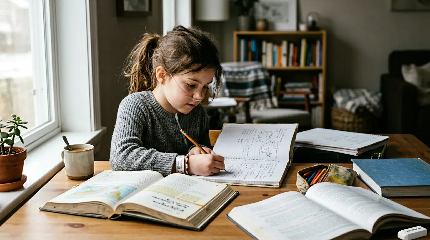 Enfant malade étudiant à domicile avec accompagnement pédagogique, maintenant le lien avec sa scolarité