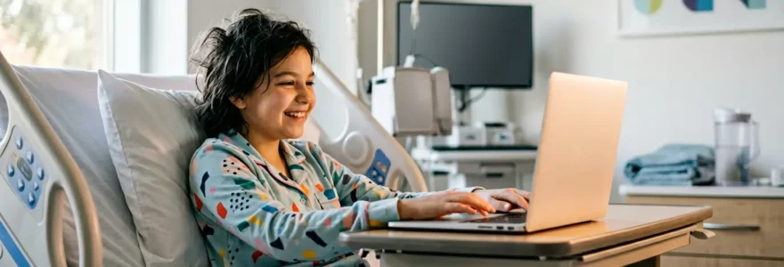 Enfant dans un lit d'hôpital utilisant un ordinateur pour se connecter à sa classe via un robot de téléprésence