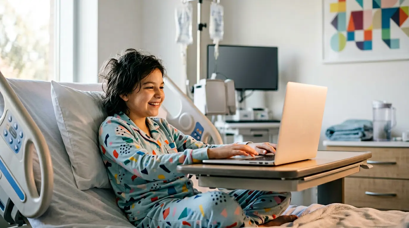 Enfant dans un lit d'hôpital utilisant un ordinateur pour se connecter à sa classe via un robot de téléprésence