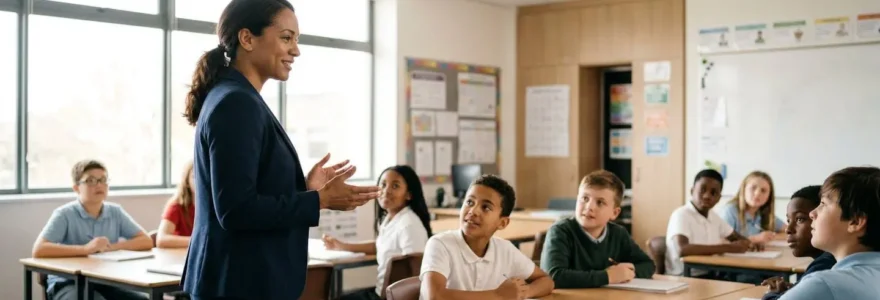 Enseignant en posture d'autorité bienveillante face à une classe d'élèves attentifs dans une salle lumineuse