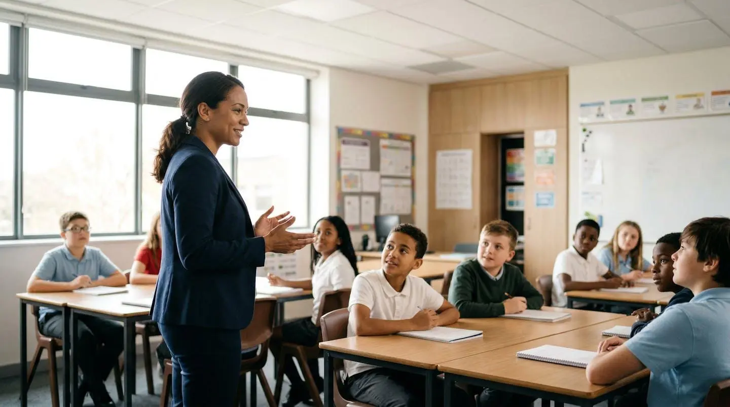 Enseignant en posture d'autorité bienveillante face à une classe d'élèves attentifs dans une salle lumineuse