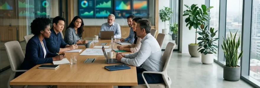 Salle de réunion moderne avec professionnels divers discutant autour d'une table, tableaux de données environnementales flous en arrière-plan