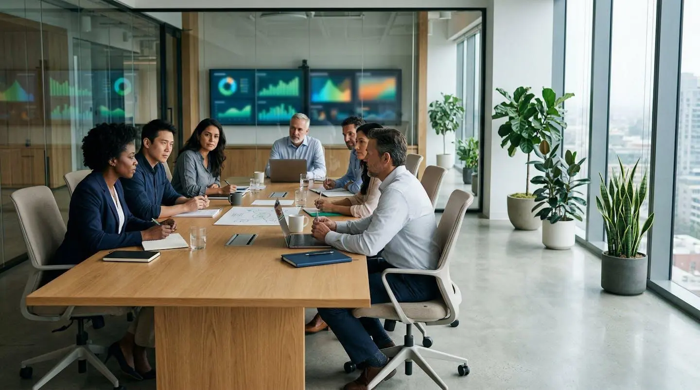 Salle de réunion moderne avec professionnels divers discutant autour d'une table, tableaux de données environnementales flous en arrière-plan