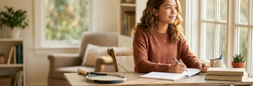 Adolescent équilibré entre livres et activités sportives dans un environnement lumineux