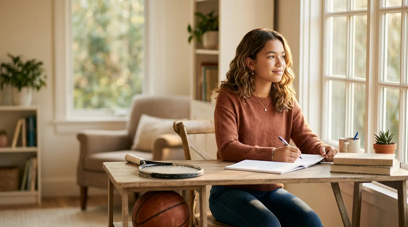 Adolescent équilibré entre livres et activités sportives dans un environnement lumineux