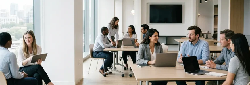 Une salle de formation moderne avec des professionnels travaillant sur des ordinateurs, ambiance collaborative et technologique