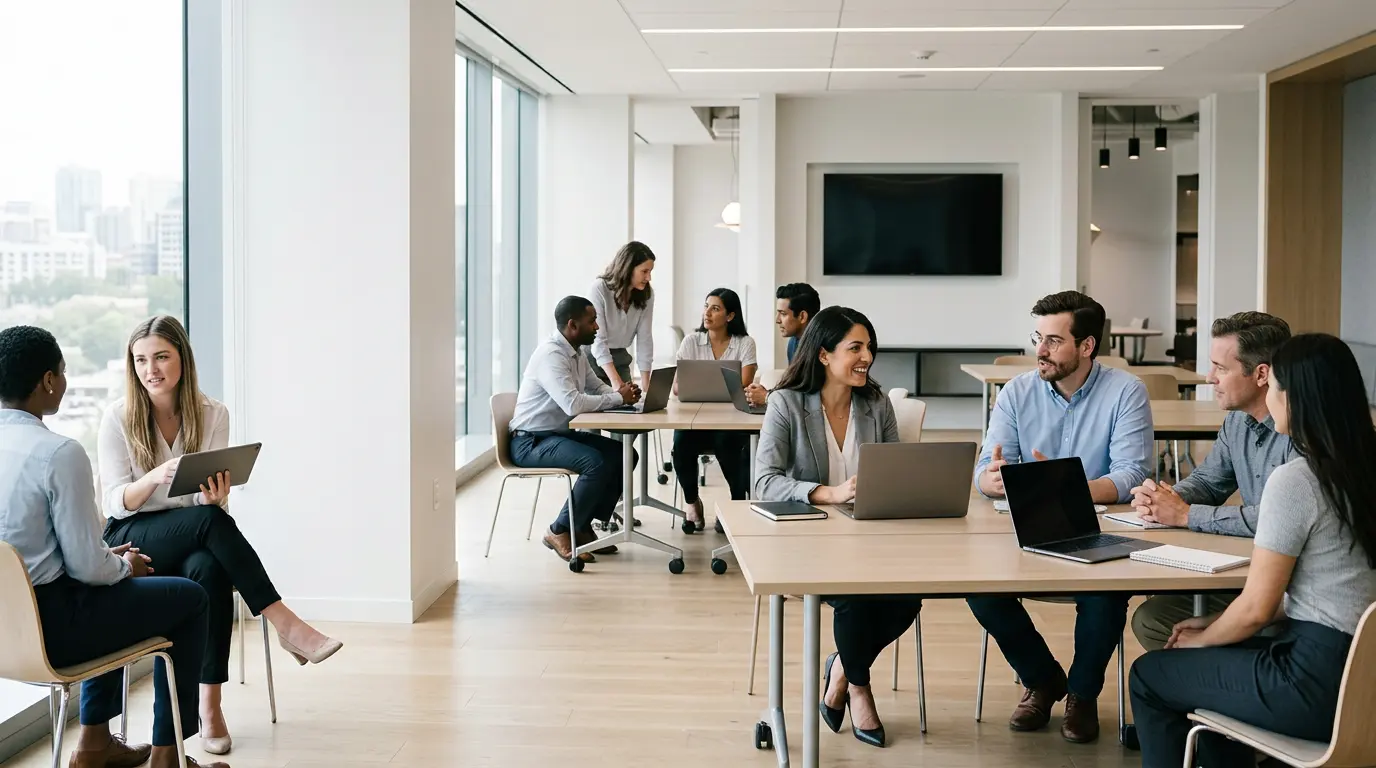 Une salle de formation moderne avec des professionnels travaillant sur des ordinateurs, ambiance collaborative et technologique