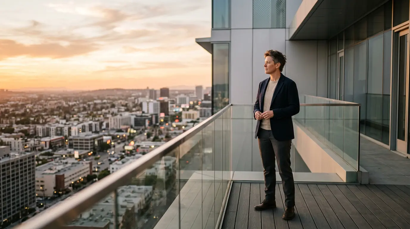 Personne de 40 ans en réflexion devant un panorama urbain symbolisant les nouveaux horizons professionnels