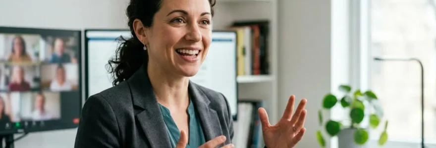 Formateur animant un webinaire interactif avec plusieurs écrans montrant l'engagement de l'audience