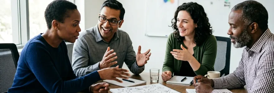 Atelier de formation pour adultes avec interaction collaborative autour d'une table de travail