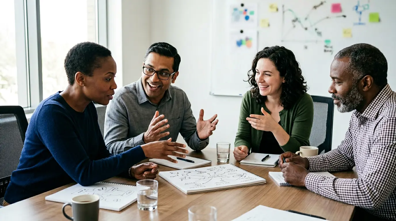Atelier de formation pour adultes avec interaction collaborative autour d'une table de travail