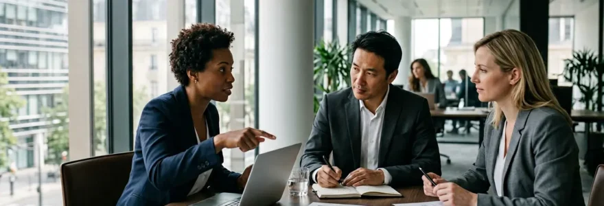 Professionnels en réunion de travail sur un projet de certification avec documents et ordinateur portable