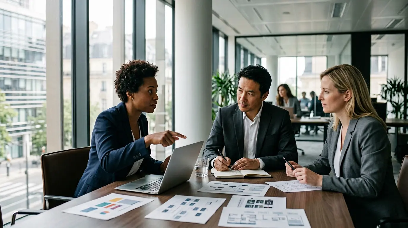 Professionnels en réunion de travail sur un projet de certification avec documents et ordinateur portable